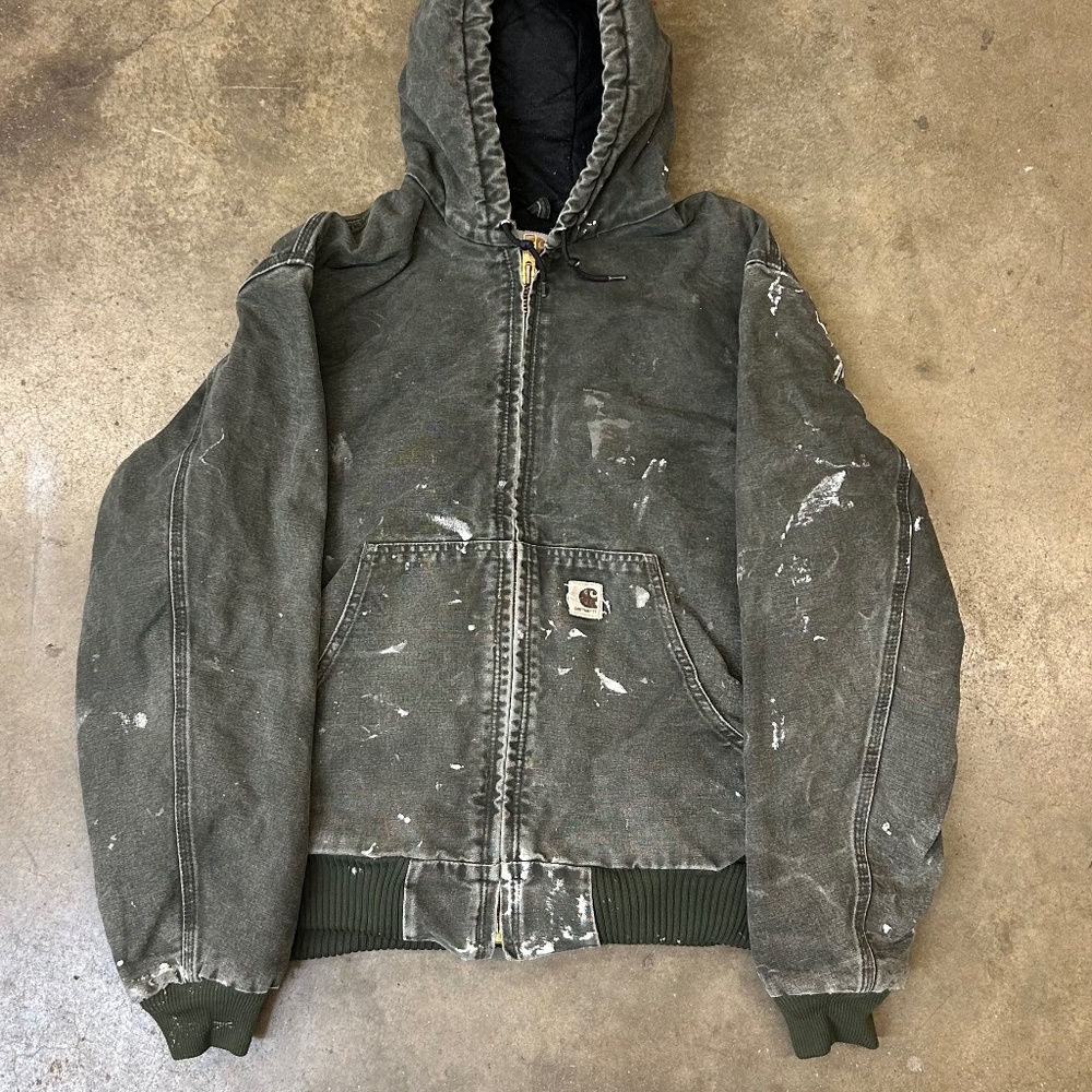 VTG Carhartt Jacket J130 MOS Duck Canvas Hooded Quilt Lined Moss Green Large
